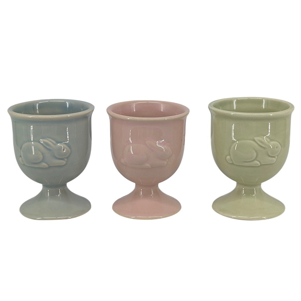 Hallmark Bunny Egg Cups Set of 3 Pastel Blue Pink Green Ceramic Easter Decor